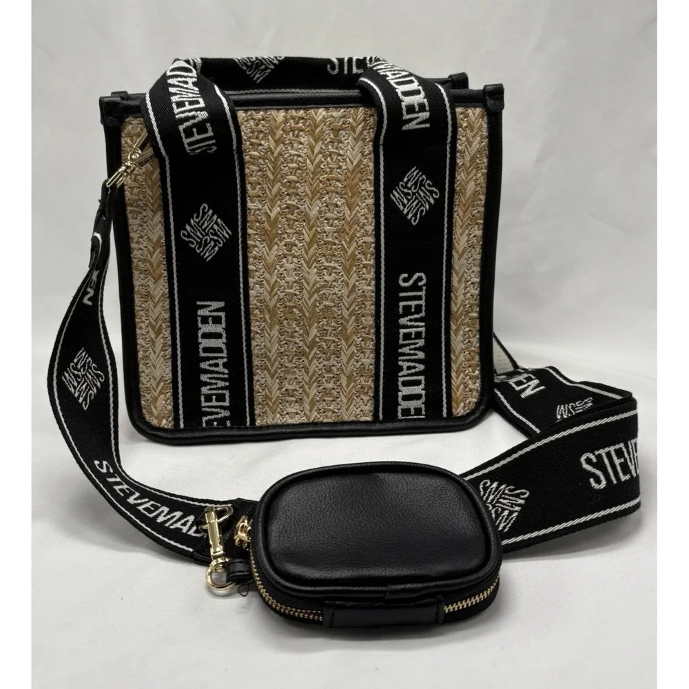 Steve Madden Womens Black Bwebber Straw Satchel Crossbody Purse Bag Earbud Case‎